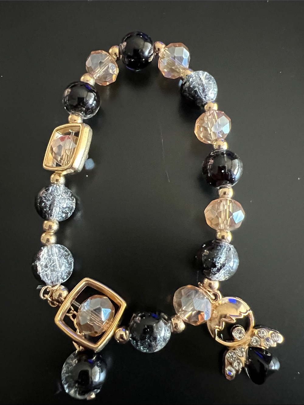 Black and clear Crystal Bead and Angel charm Bracelet